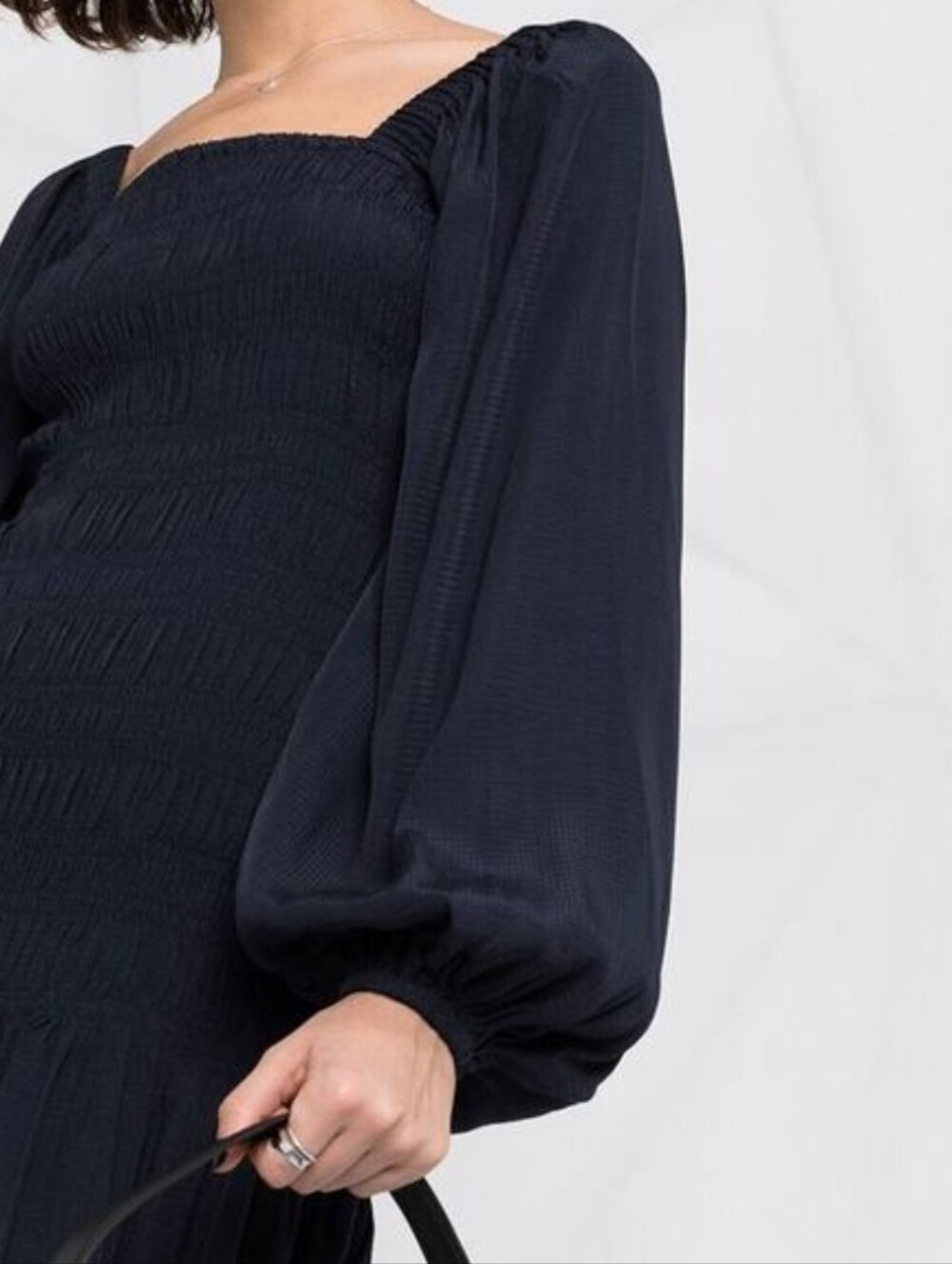 GANNI Ripstop Navy Smocked Mini Dress Puff Peasant Sleeve Square Neck SZ 34 US 4 - Picture 2 of 13